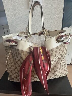 Gucci Beige GG Canvas Tote with Cream Trim and Burgundy Scarf